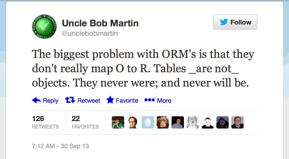 The biggest problem with ORM's is that they don't really map O to R. Tables _are not_ objects. They never were; and never will be.